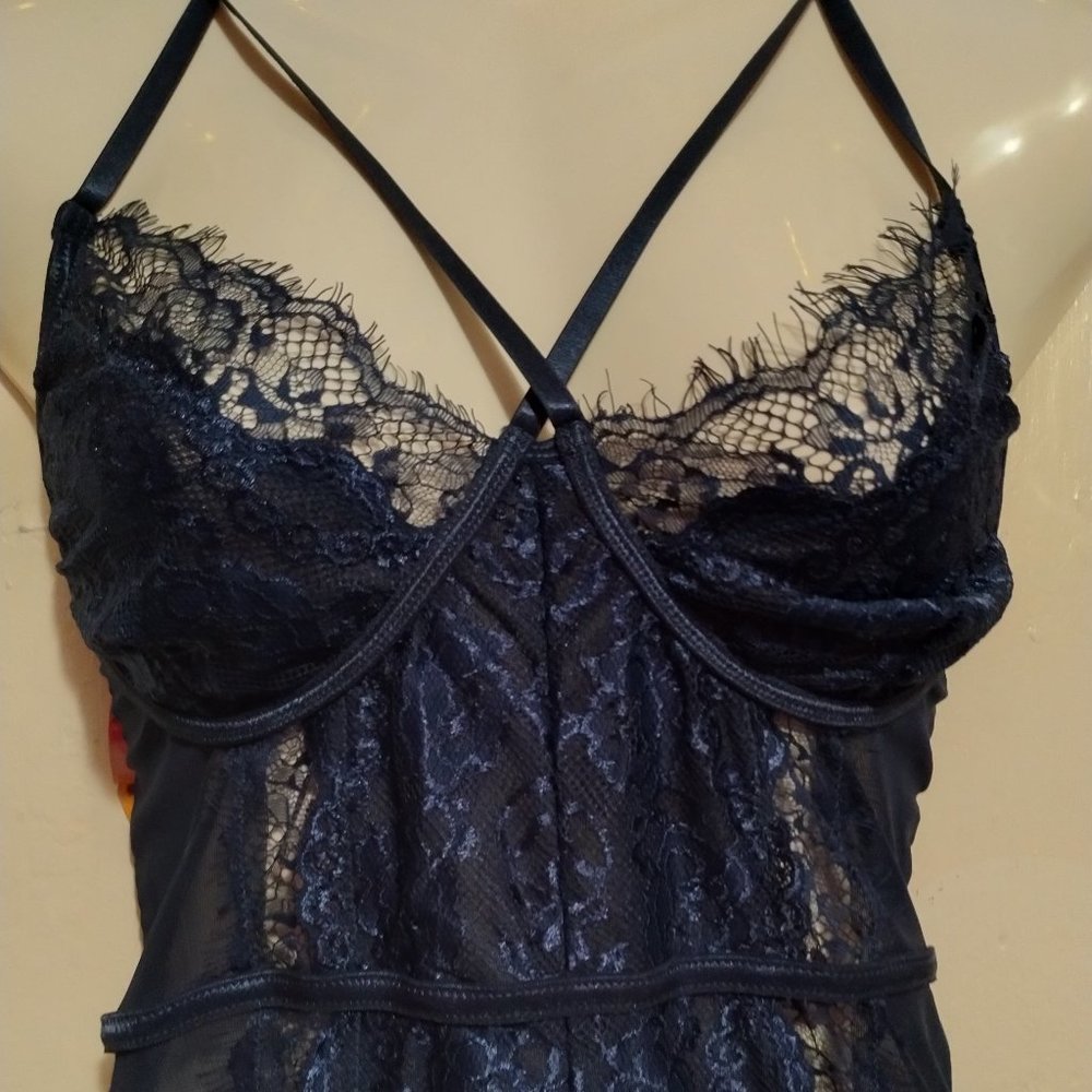 Navy Blue (L) Caged Floral Lace Teddy Lingerie Bodysuit - NWOT